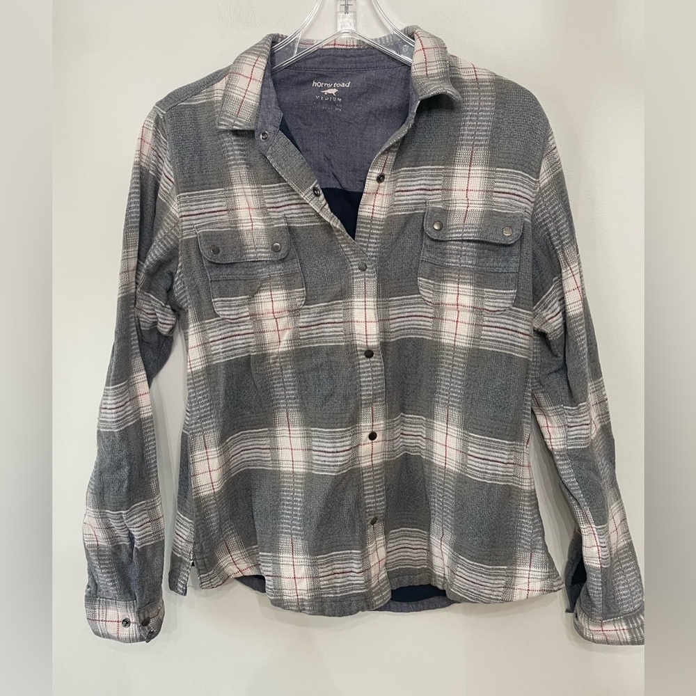 Horny Toad Mojac Women’s Plaid Flannel Snap Long Sleeve Shirt Jacket Grey Sz M